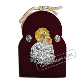 Silver Icon on Red Velvet Frame - Panayia ( Virgin Mary ) 11.5x8.5cm