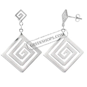 Sterling Silver Earrings - Double Greek Key Motif Diamond (29mm)