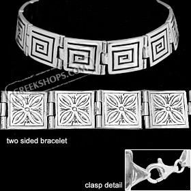 Sterling Silver Bracelet - 2 Sided with Greek Key and Floral Motif (13mm)