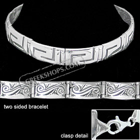 Sterling Silver Men's Bracelet - Two Sided w/ Greek Key and Floral Motif (9mm)