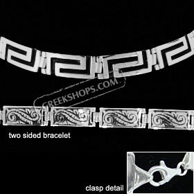 Sterling Silver Bracelet - Two Sided w/ Greek Key and Floral Motif (7mm)
