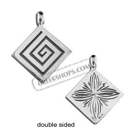 Sterling Silver Pendant - Double Sided Greek Key and Floral (25mm)