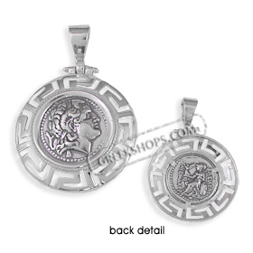 Sterling Silver Pendant - Ancient Tetradrachm Silver Coin with Greek Key (32mm)