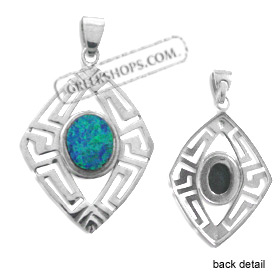 The Neptune Collection - Sterling Silver Pendant - Diamond w/ Greek Key & Opal (33mm)