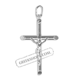 Platinum Plated Sterling Silver Pendant - Rounded Crucifix (38mm)
