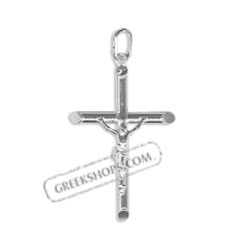 Platinum Plated Sterling Silver Pendant - Rounded Crucifix (34mm)