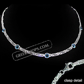 Greek Sterling Silver Mati Collection - Necklace w/ Greek Key and 5 Mati Evil Eye (6mm)