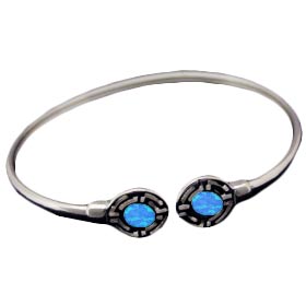The Neptune Collection - Sterling Silver Cuff Bracelet - Circle Opal Gem Stones w/ Greek Key Motif
