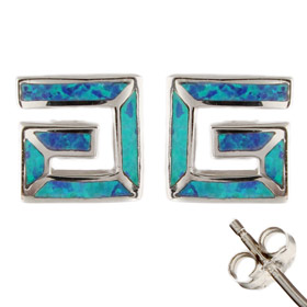 The Neptune Collection - Sterling Silver Earrings - Greek Key Square and Opal (9.5mm)