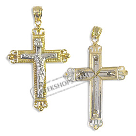 14k Gold Cross Pendant - Crucifix with White Gold (39mm)