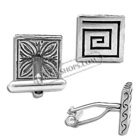 Sterling Silver Cufflinks - Double Sided Greek Key and Floral Square (13mm)