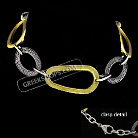 Stainless Steel Bracelet with Gold Plating - Greek Key Oval Links