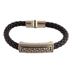 Men's Black Braided Leather Bracelet with Greek Key design