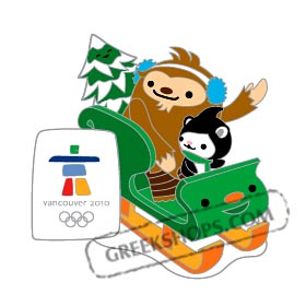 Vancouver 2010 LIMITED EDITION Mascots on Sled Pin