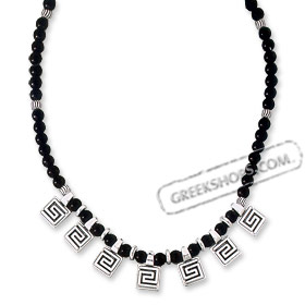 Archaic Earth Stone Necklace - Black Onyx with Greek Key Motif Pendants