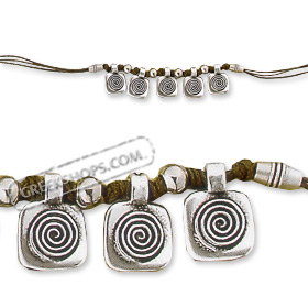Archaic Knotted Necklace - Brown Cord with Swirl Motif Pendants