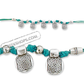 Archaic Knotted Necklace - Turquoise Cord with Greek Key Motif Pendants