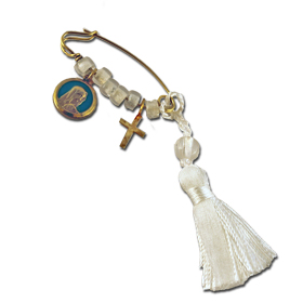 Gold Plated Sterling Silver Baby Boy Safety Pin w/ Virgin Mary and Cross Charms