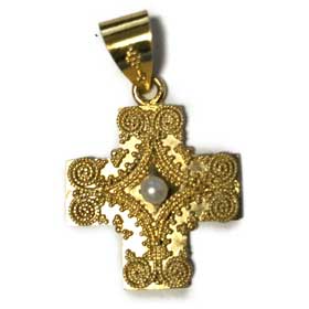 14K Gold Plated Sterling Silver Greek Orthodox Cross with Faux Pearl