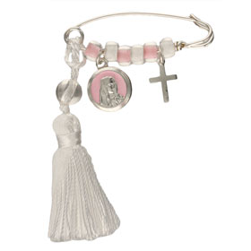 Sterling Silver Baby Girl Safety Pin w/ Virgin Mary and Cross Charms