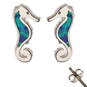 The Neptune Collection - Sterling Silver Earrings - Seahorse and Opal (15mm)