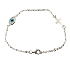 The Amphitrite Collection - Platinum Plated Sterling Silver Bracelet - Mother of Pearl Mati & Cross