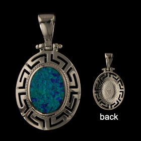 The Neptune Collection - Sterling Silver Pendant - Oval w/ Greek Key & Opal (30mm)