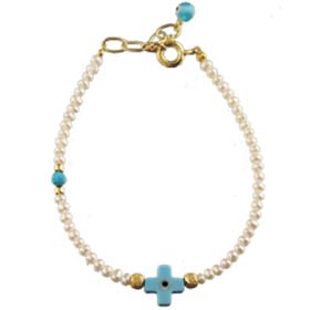 The Nefeli Collection - Mother of Pearl Bracelet with Blue Evil Eye Cross (2mm beads)