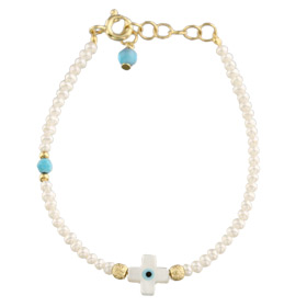 The Nefeli Collection - Pearl Bracelet with Mother of Pearl White Cross And Evil Eye (2mm beads)