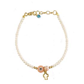 The Nefeli Collection - Mother of Pearl Bracelet with Pink Evil Eye and Cross (2mm beads)