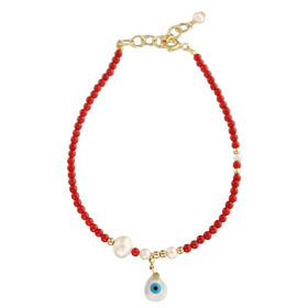 The Nefeli Collection -  Red Coral Bracelet with Tear Drop Shaped Mother of Pearl  Evil Eye (2mm bea