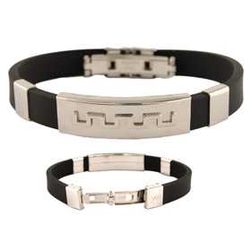 Rubber and Stainless Steel Bracelet with Accordion Hinge Opening - Greek Key Motif