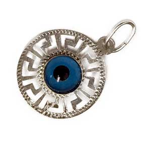 Sterling Silver Evil Eye Pendant with Greek Key Border (13mm)