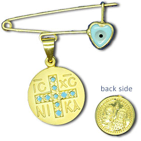 Gold Plated Sterling Silver Safety Pin w/ Byzantine Cross Newborn Blue Heart Charm