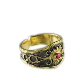 The Theodora Collection - 24k Gold Plated 2-tone Sterling Silver Byzantine Adjustable Ring w/ Red Ge