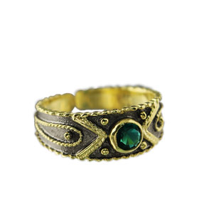 The Theodora Collection - 24k Gold Plated 2-tone Sterling Silver Byzantine Adjustable Ring w/ Green 