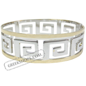 Stainless Steel Cuff Bracelet - Greek Key Motif Silver w/ Gold Border (22mm)