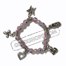 Light Pink Evil Eye bracelet with charms & faux pearls