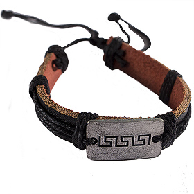 Greek Key Leather "Tribal" Adjustable Bracelet for Men or Women