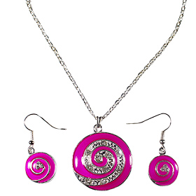 Pink Minoan Swirl Motif Necklace and Earring Set with Rhinestones