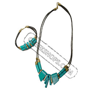 Ceramic Necklack & Bracelet leather set K370_B220 Turquoise