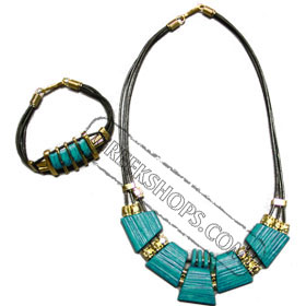 Ceramic Necklack & Bracelet leather set K400_B160 Turquoise