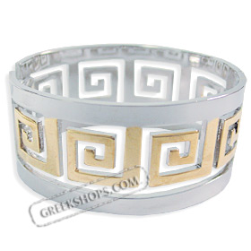 Stainless Steel Cuff Bracelet - Greek Key Motif Silver and Gold Color (31mm)