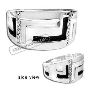 Stainless Steel Cuff Bracelet - Greek Key Motif with Rhinestones - Black and White (33mm)