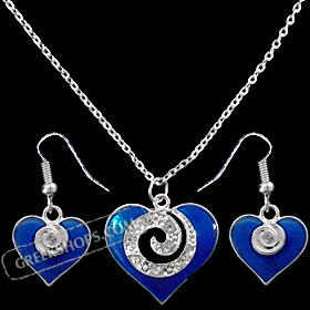 Blue Heart Minoan Swirl Motif Necklace and Earring Set with Rhinestones