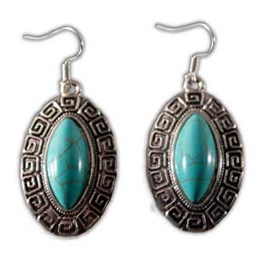 Teardrop shaped Earrings w/ Turquoise Stone and Greek Key Motif (22mm)