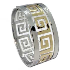 Gold Tone Stainless Steel Cuff Bracelet - Large Greek Key Motif Style BME15X