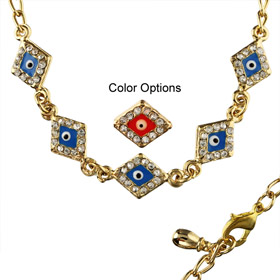 Diamond Shaped Gold Colored Evil Eye Bracelet w/ Rhinestones (Color Options)