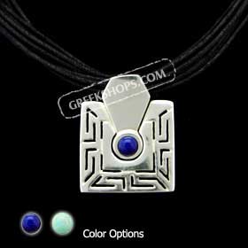 Sterling Silver Greek Key Square Medallion w/ Stone & Black Cord Necklace