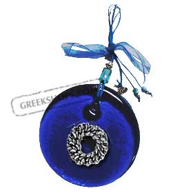 Blue Glass Good Luck Charm Round Ornament w/ Olive Leaf Wreath Decoration (12cm)